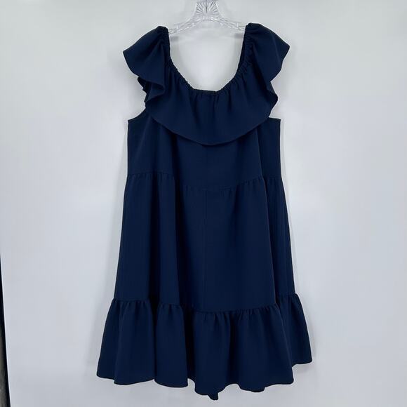 Sandra Darren Navy Tiered Ruffle Sleeveless Shift Dress Casual Plus Womens 1X - Picture 9 of 11